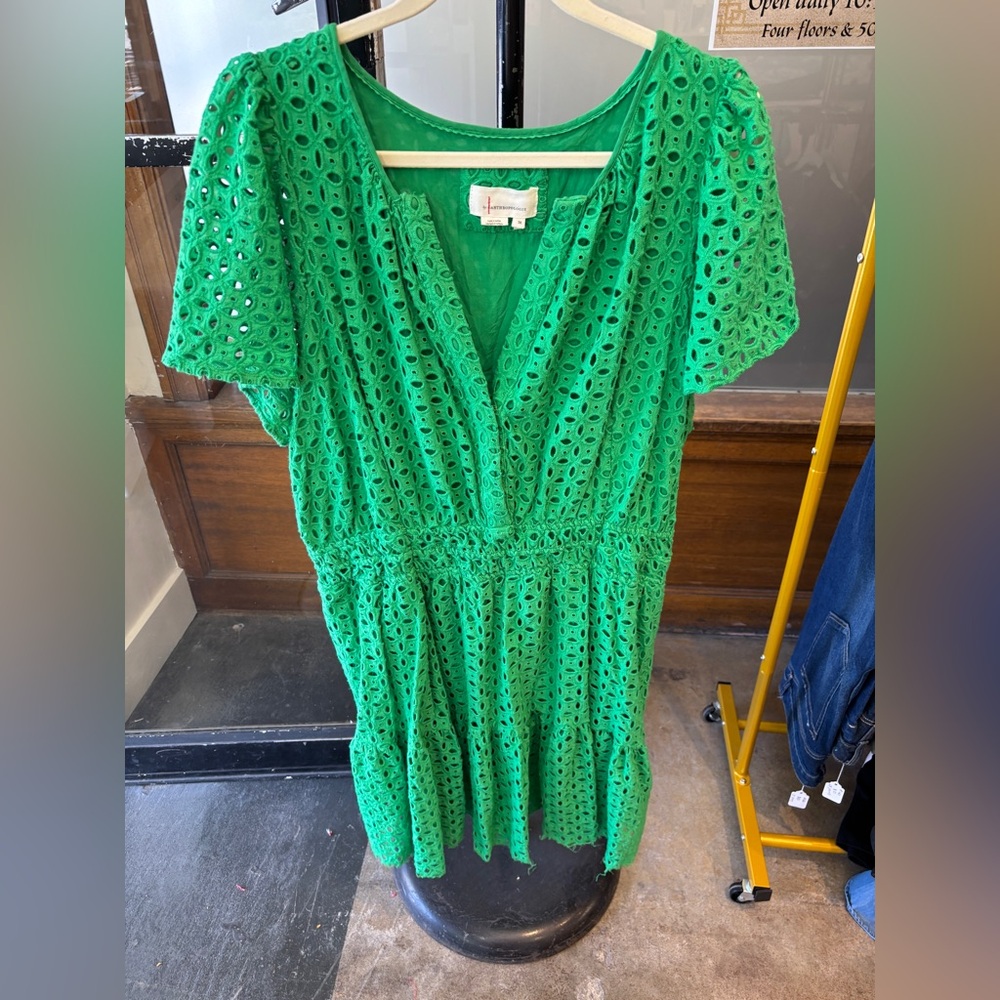 Anthropologie Green Puff Sleeve Eyelet Dress